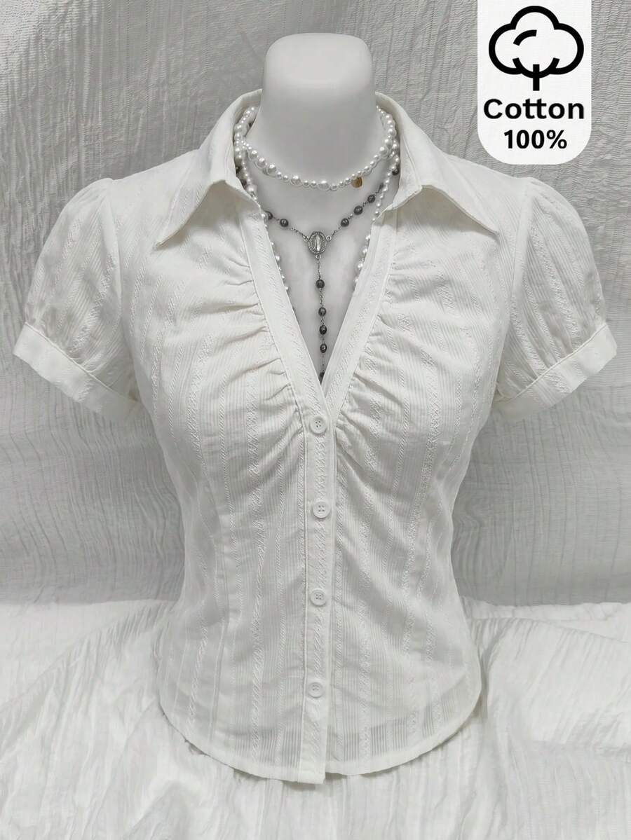 Elamini Women's Simple Solid Color Front Button Pleated Short Sleeve Blouse, Summer - White - View 1