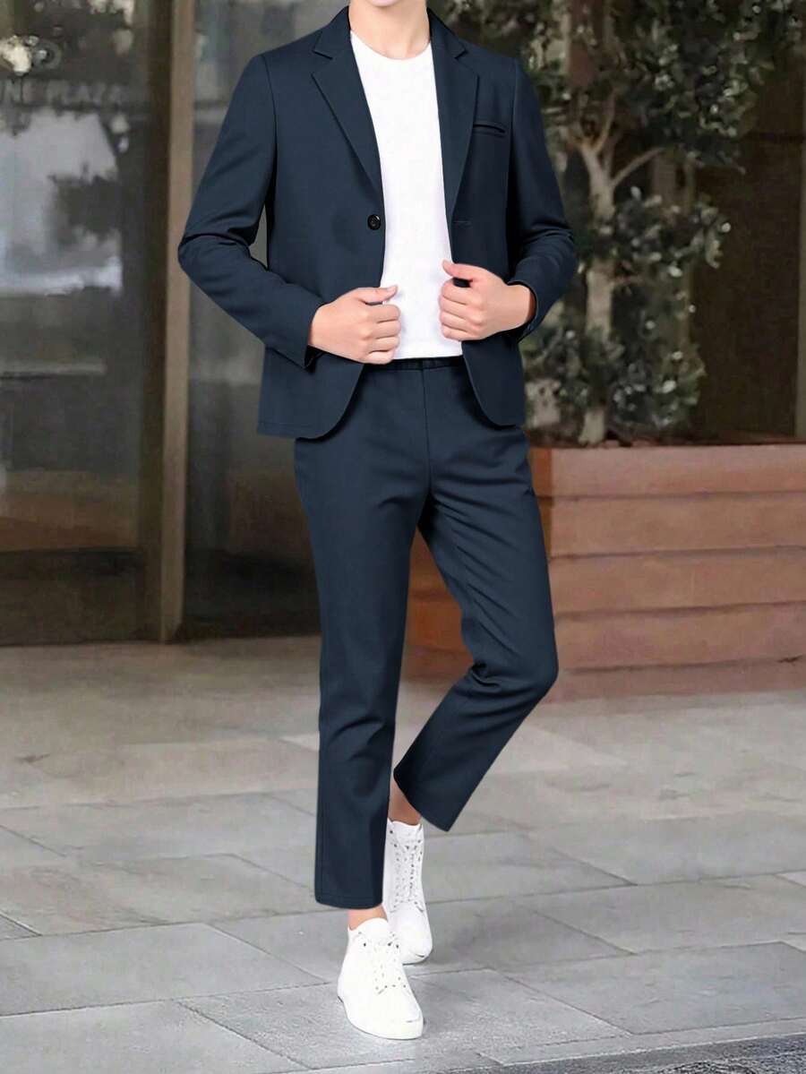 SHEIN 两件套男童夏季休闲学院风绅士套装,纯色西装外套搭配松紧腰正装裤,适合生日派对、正式场合、婚礼等。 - 藏蓝色 - 查看 1