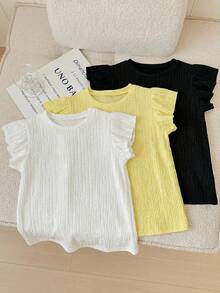 SHEIN LMoss Kids 3件套少女休闲提花针织纯色圆领短袖上衣 - 彩色 - 查看 1