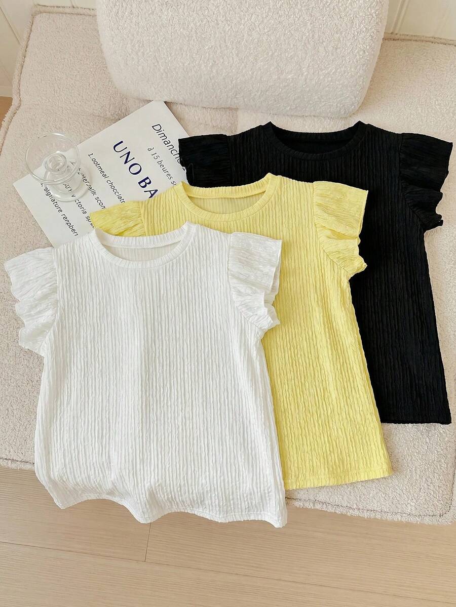 SHEIN LMoss Kids 3件套少女休闲提花针织纯色圆领短袖上衣 - 彩色 - 查看 1