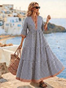 Ceyna Plus Size Woven Vintage Diamond Plaid V-Neck Tiered Ruffle Relaxed Vacation Style 3/4 Sleeve Dress - Blue - View 4