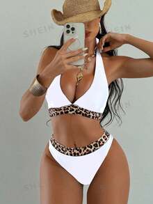 Swim Basics 2025 Women's Swimwear Set, Random Prints, Purchased Copyright Leopard BikiniTwo Pieces Bikinihigh Waisted Bikini Set For Summer Beach Vacation - White - View 5