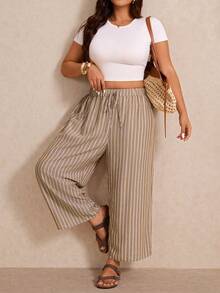 Elaquor Plus Size Casual Pants With Line Print - Coffee Brown - View 7