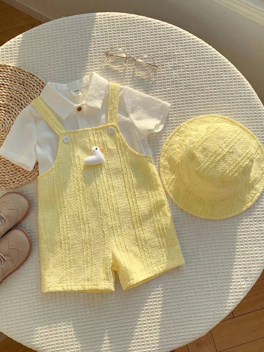 Bộ 2 món cho trẻ sơ sinh unisex: Romper quần yếm họa tiết vịt 3D dễ thương & kẻ sọc kèm mũ chống nắng, trang phục mùa hè thường ngày cho bé trai/bé gái - Màu vàng - Xem 1