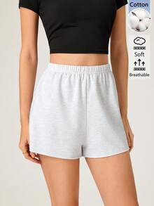 SHEIN BASICS 女款戶外運動休閒基本款寬鬆鬆緊腰短褲 夏季居家健身運動輕灰色居家運動短褲 - 灰色 - 查看 3