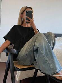 DAZY 女款純色寬鬆短袖圓領百褶休閒度假夏季上衣襯衫校園風 - 黑色 - 查看 6