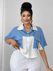 Maweii Summer Blue And White Plus Size Women Shirt,Smart Casual Office Elegant Loose Splice Niche Design Minimalist Vacation Fashionable Essential Blouse - Blue and White - View 2