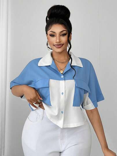 Maweii Camisa suelta de mujer de talla grande, de diseño minimalista, elegante y de moda, ideal para uso diario, de nueva llegada, en diseño de nicho en azul y blanco
