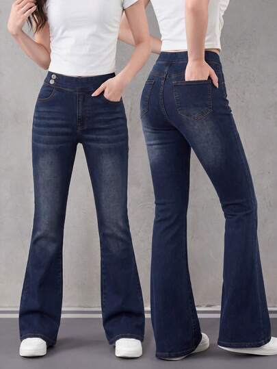 Y2K Retro Chic Streetwear High Waist Stretchy Skinny Flare Jeans For Teen GirlAsymmetrical Waistband, Double Button Design, Soft Comfortable Cotton, Suitable For Daily Wear, Travel And Outings