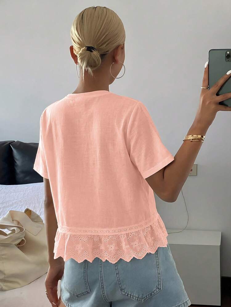 Women's Solid Color Crew Neck Short Sleeve Patchwork Lace Trim Casual Summer Top