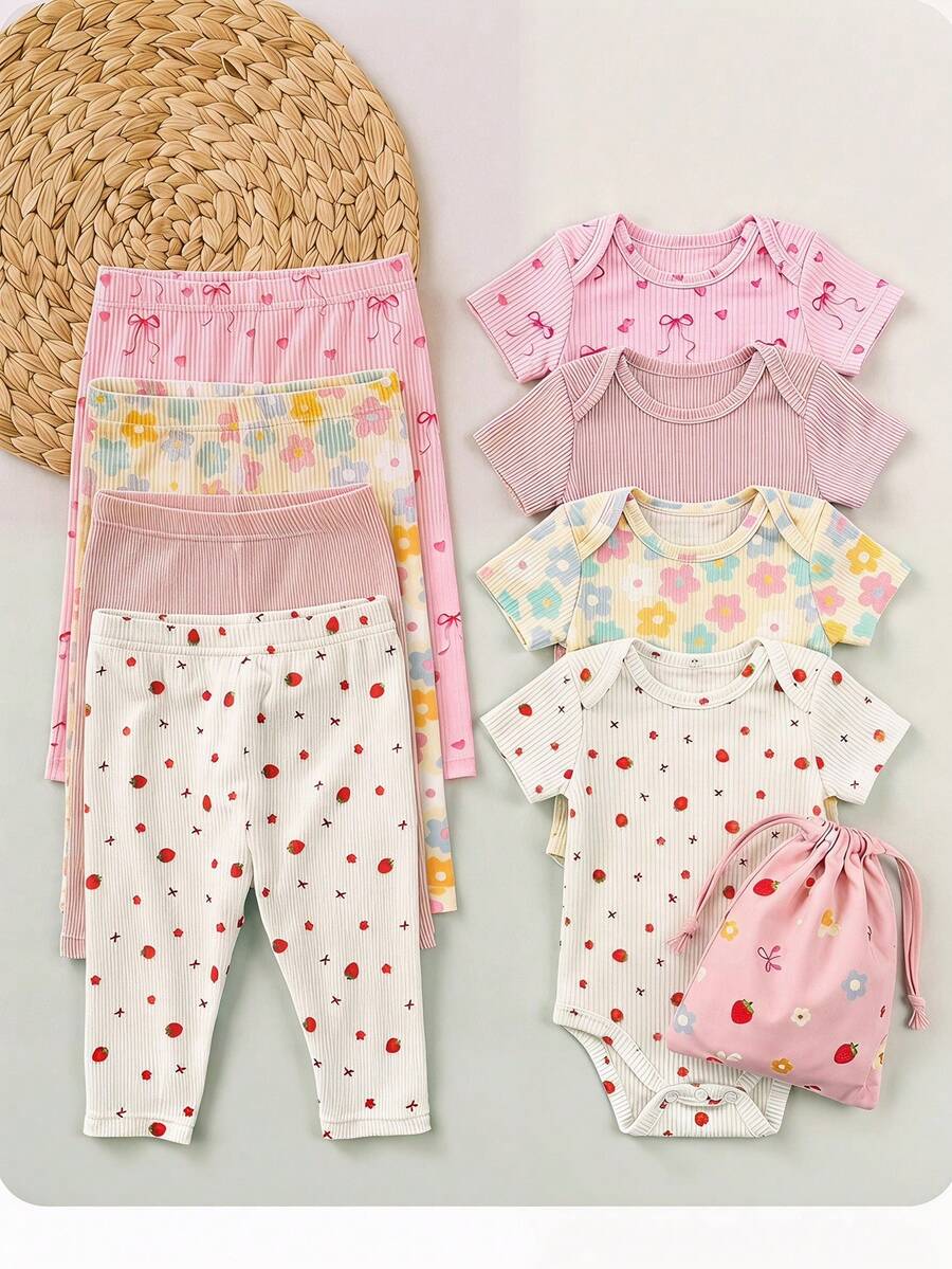 4pcs/Set Newborn Baby Girls' Casual Everyday All-Match Colorful Floral & Striped Print Bottoms, Spring/Summer - Multicolor - View 1