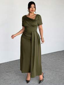 Firerie Plus Size Women's Spring/Summer New Oblique Collar Ruffle Hem Asymmetrical Design Vacation Casual Waist Cinching Elegant Short Sleeve Dress - Army Green - View 3