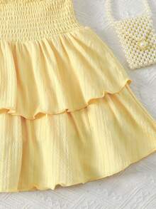 SHEIN Tween Girls Spring & Summer Sleeveless Knit Jacquard Textured Camisole Top With Ruffle Hem A-Line Skirt Shorts 2-Piece Set, Light Yellow - Yellow - View 4