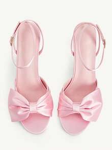 CUCCOO CHICEST Giày nữ màu hồng satin thắt nơ, kiểu dáng thời trang thanh lịch, quai ngang mắt cá chân, mũi tròn, sandal cao gót. - Màu hồng - Xem 1