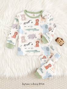 Cozy Pixies Bộ đồ ngủ 2 mảnh cho bé trai/bé gái, in hình động vật hoạt hình, chất liệu mềm mại, cổ tròn, tay dài và quần ôm sát. - Nhiều màu - Xem 1