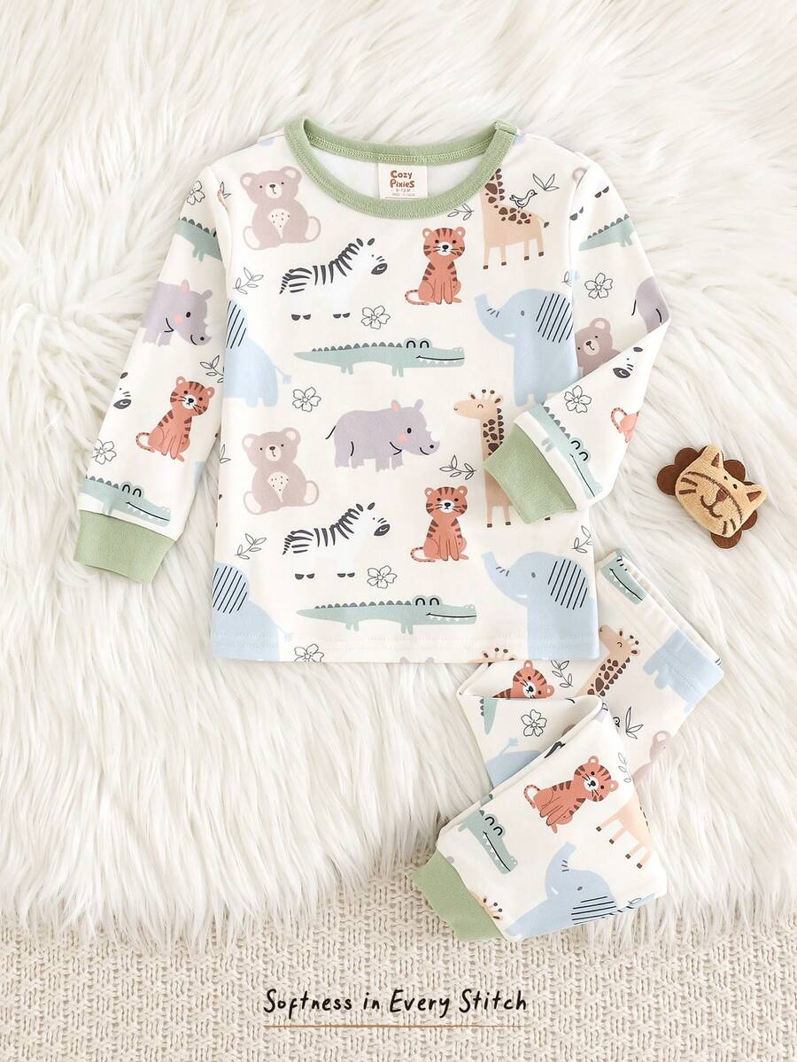 Cozy Pixies Bộ đồ ngủ 2 mảnh cho bé trai/bé gái, in hình động vật hoạt hình, chất liệu mềm mại, cổ tròn, tay dài và quần ôm sát. - Nhiều màu - Xem 1