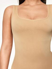 SHAPORA Women's Summer Fashion Solid Color Elastic Tummy Control Bodysuit - Apricot - View 7
