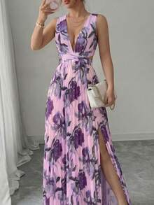 a Vestido elegante y romántico para mujer con cuello en V sin mangas, cintura hueca, plisado en línea A y estampado floral - Multicolor 10 - Ver 6