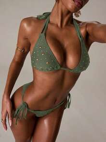 SHEIN BAE Women's Vacation Casual Rivet Halter Bikini Set - Army Green - View 6