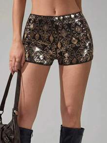 Glamine Women's Sexy Y2K Black Gold Sequin Shorts Gitter Embroidered HighWaist Bodycon Hot Pants, Soft Lined Party Clubwear Rave Beach Summer Festival Night - Black - View 5