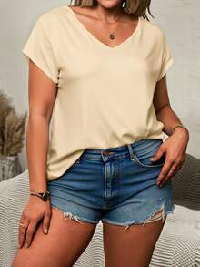 EMERY ROSE Apricot Solid V-Neck Short Sleeve Plus Size T-Shirt, Batwing Sleeve Design - Multicolor - View 5