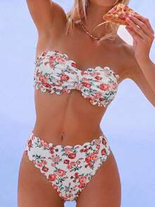 Swim Mod Áo tắm nữ, dành cho thiếu nữ, họa tiết hoa cắt xẻ, cổ áo hình trái tim, ngọt ngào và dễ thương, họa tiết hoa nhỏ li ti, chất liệu vải gân nổi. - Nhiều màu - Xem 3