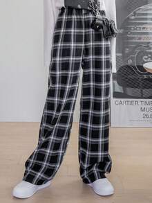 DAZY Plaid Pattern Wide Leg Pants Fall - Black and White - View 9