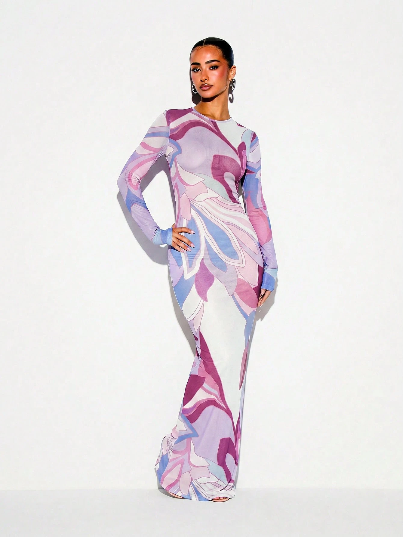 KIZN Printed Mesh Sheer Maxi Dress With Long Sleeves