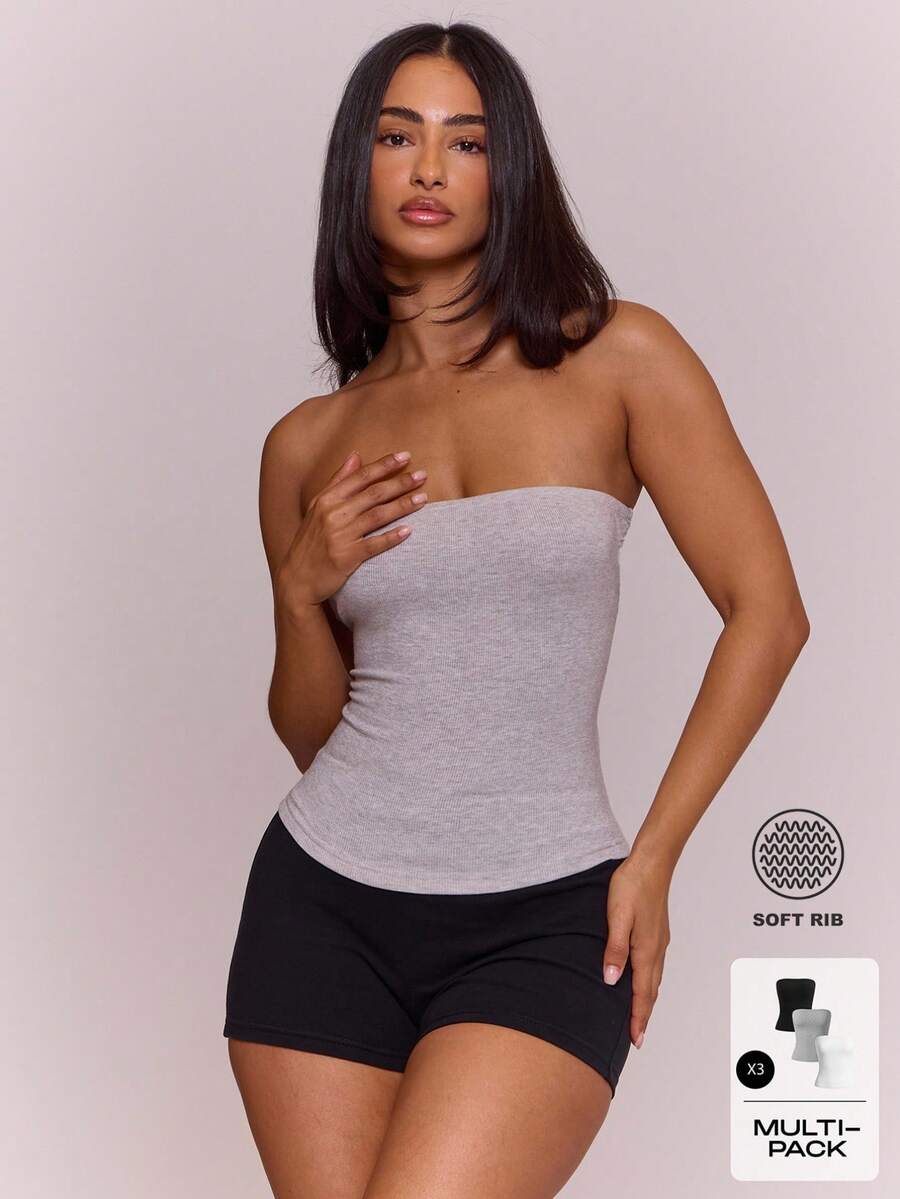 MUSERA ESSENTIALS Paquete de 3 tops bandeau ajustados de costilla suave, de línea larga. Vendido como un paquete múltiple para primavera, verano, vacaciones y uso diario. Básicos esenciales y sencillos. - Multicolor - Ver 1