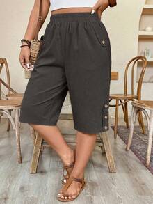 Weeklong Plus Size Women Elastic Waist Casual Shorts With Side Pockets And Rivet Decor - Dark Grey - View 1