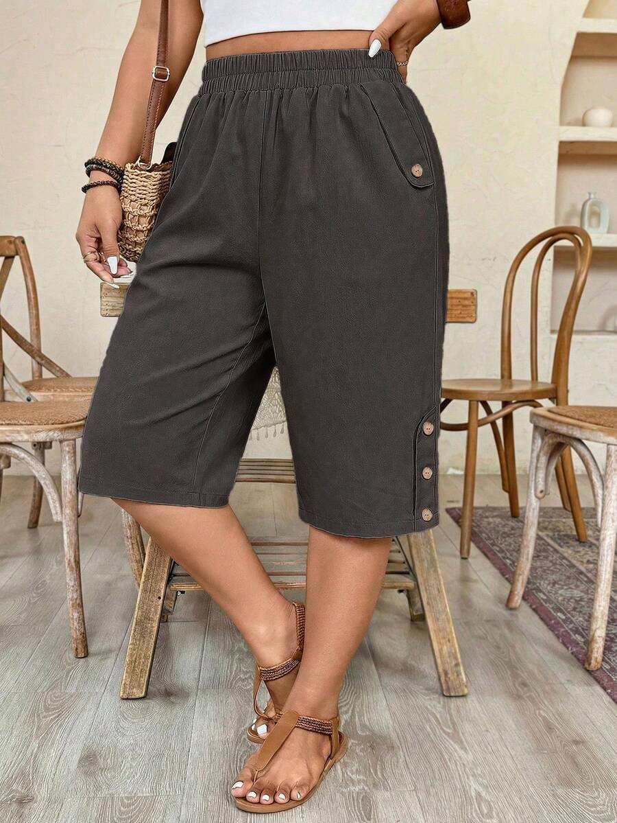 Weeklong Plus Size Women Elastic Waist Casual Shorts With Side Pockets And Rivet Decor - Dark Grey - View 1