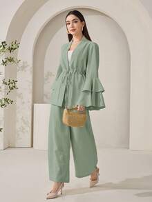 Veilorie Women's Stylish Sage Green Two-Piece Outfit With Ruffle Cuff Jacket And Wide Leg Pants - Green - View 6