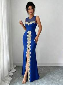 Elenzga Women's Contrast Embroidery Round Neck Mesh Patchwork High Slit Sleeveless Dress - Blue - View 6