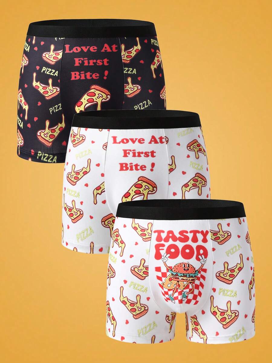 Notgurli 3pcs Men's Pizza Print Boxer Briefs,Funny ""Love At First Bite"" Underwear,Elastic Comfortable Trunks,White And Black Polka Dot,Winter,Gift For Men - Multicolor - View 1