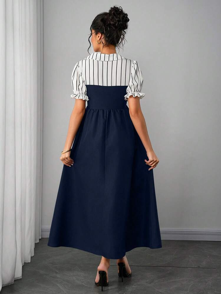 Momance Gaun Hamil Motif Garis-garis Patchwork Gaya Komuter Elegan dengan Desain Kemeja, Musim Panas - Navy Blue - View 2