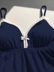 Comfortcana 大尺碼女款兩件套，內墊吊帶背心與蕾絲飾邊短褲套裝，適合夏季、秋季、休閒、返校，海軍藍 - 藏蓝色 - View 5