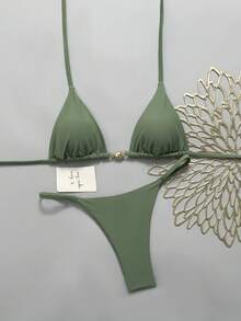 Swim Mod Women's 26SS Spring/Summer New Solid Dusty Green Metal Decor V-Neck Backless Halter Triangle Wrap Ruched Bikini Two Pieces Swimwear - Army Green - View 3