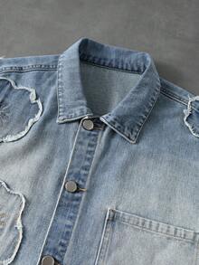 ROMWE MEN Street Life Áo thun nam tay ngắn denim dáng rộng, thêu họa tiết, phong cách thường ngày, đã qua xử lý mài mòn. - Màu xanh lam - Xem 3