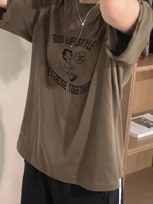 DAZY 女款圓領圖案印花蕾絲飾邊短袖T恤，春夏寬鬆版型 - 鏽棕色 - 查看 4