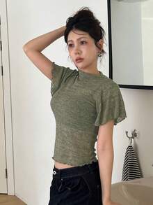 DAZY 女士简约圆领荷叶边下摆短袖T恤，适合夏季日常穿着 - 綠色 - 查看 7