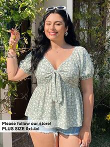 Solflare Plus Size Women's Fashion Casual Boho Daisy Print V-Neck Short Sleeve T-Shirt Vacation Sage Green Summer - Green - View 1