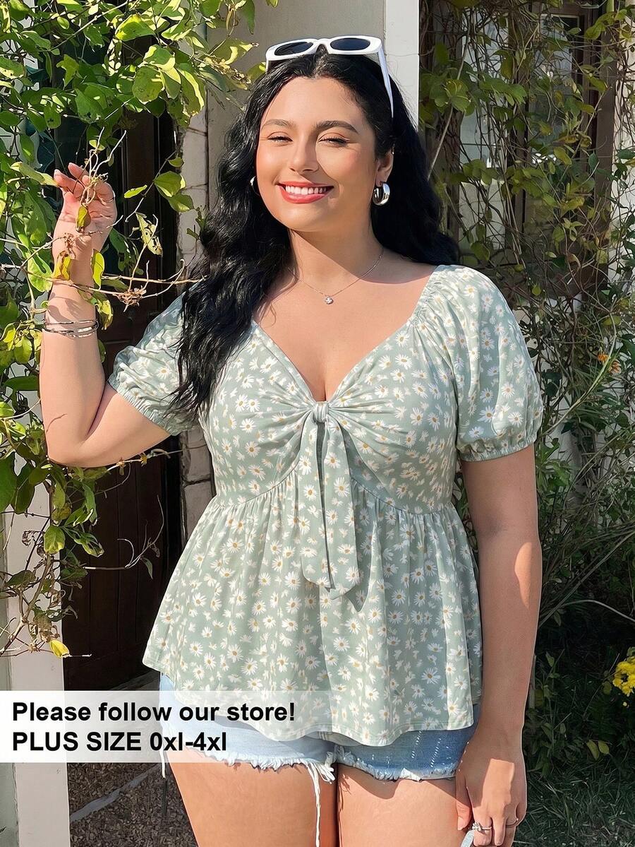 Solflare Plus Size Women's Fashion Casual Boho Daisy Print V-Neck Short Sleeve T-Shirt Vacation Sage Green Summer - Green - View 1