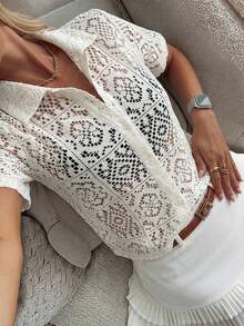 DAZY Women Lace Turndown Collar Cardigan Top, Summer Sheer,Crop Tops Women - Beige - View 9