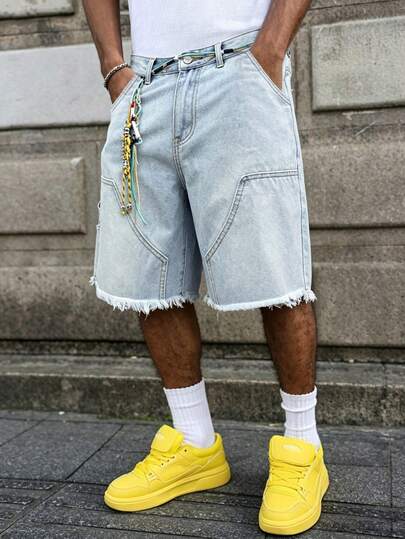 Manfinity Men's Light Washed Blue Denim Loose Fit Wide Leg Casual Shorts, Fashionable & Versatile For Summer