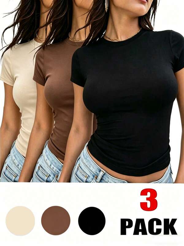 INAWLY 3pcs Women's Basic Solid Color T-Shirt Set