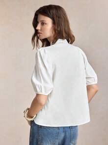 BizChic Áo blouse nữ phối ren đắp, cài đơn, thời trang đa năng - trắng - Xem 4