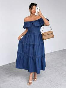Firerie Plus Size Women Patchwork Ruffle Back Denim Dress Autumn Formal Wedding Guest Vacation Navy Blue Casual Sexy - Dark Wash - View 5