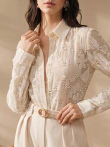 Anewsta Women's Elegant Delicate Embroidered Jacquard Long Sleeve Blouse - Apricot - View 4