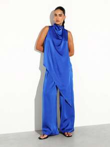 KSTM Top sin mangas de satén asimétrico con cuello de capucha drapeado y bajo con volantes para uso de noche y ocasiones especiales - azul real - Ver 3