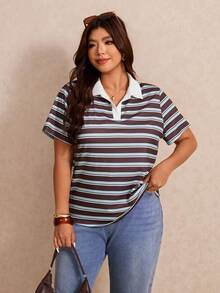 Elaquor Plus Size Summer Casual Chocolate Brown Polo Collar Short Sleeve T-Shirt Formal Teacher - Multicolor - View 9
